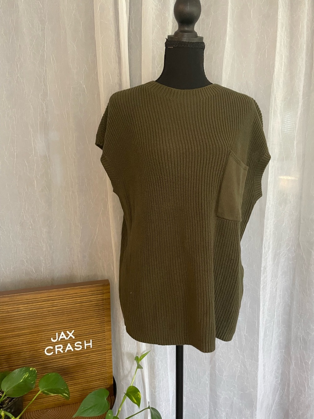 Jax Crash Olive Green Ribbed Crewneck Sweater with Pocket